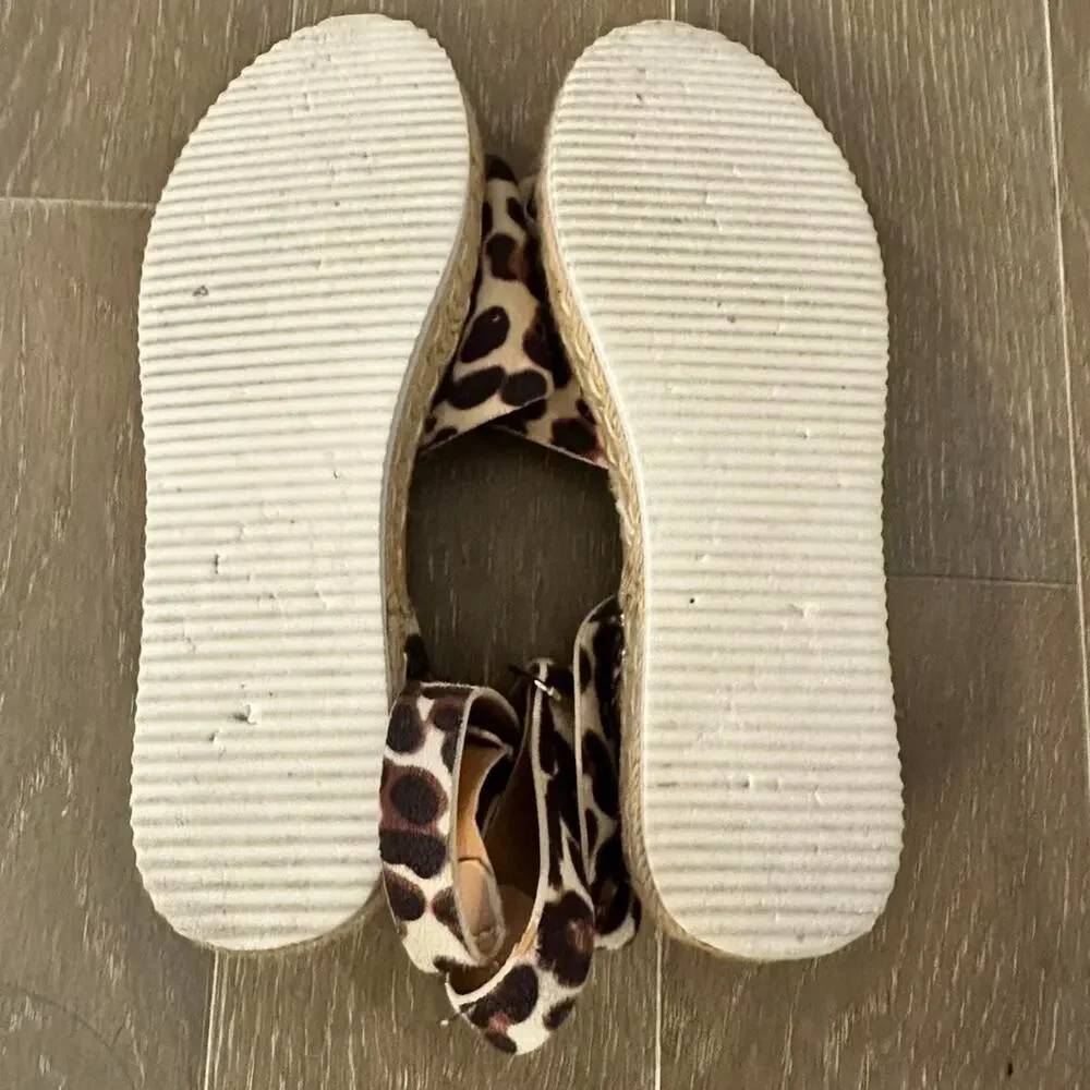 Cheetah open toe ankle strap espadrille sandals flat low platform women 8.5 shoe